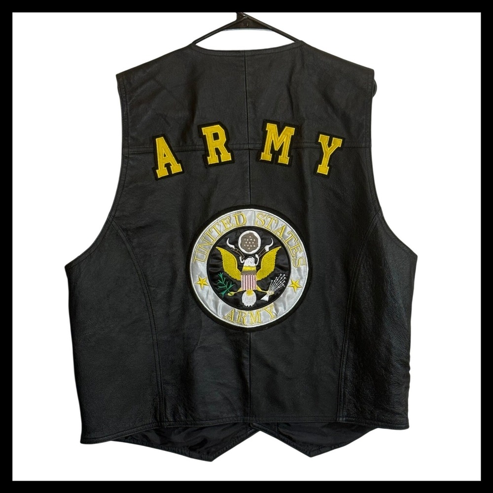 Leather USA Mens 3XL US Army Patch Biker Vest Black Snap Front Leather Jacket